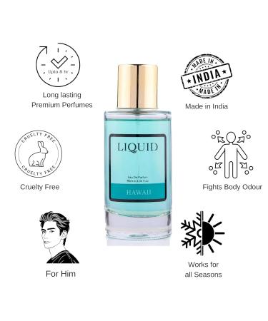 LIQUID Hawaii Luxury Eau de Parfum EDP for Men - 90ml Long Lasting | Premium Gift Perfume | White floral & Jasmine Fragrance | Perfect for Special Occasions | Scent Inspired by Hawaii | Gift for Him - Buy Online on GoSupps.com