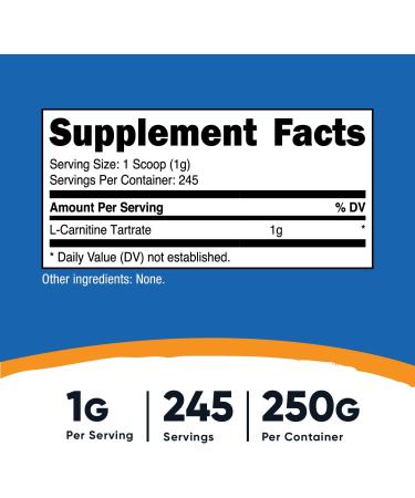 Nutricost L-Carnitine Tartrate Powder - 250g 1g per Serving 245 Servings | Premium Quality for Weight Loss & Energy Boost - Buy Online on GoSupps.com