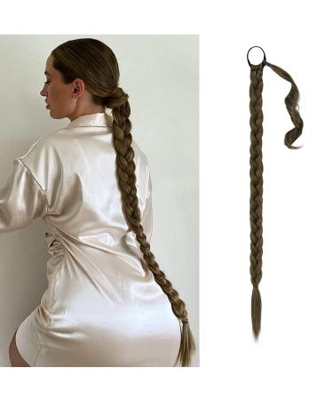 BARSDAR 86cm long braided ponytail extension rubber just wrapped braid hair extensions ponytail DIY natural soft synthetic hair part for women 86cm (pack of 1) 4m27# - dark brown strawberry blonde mix evenly