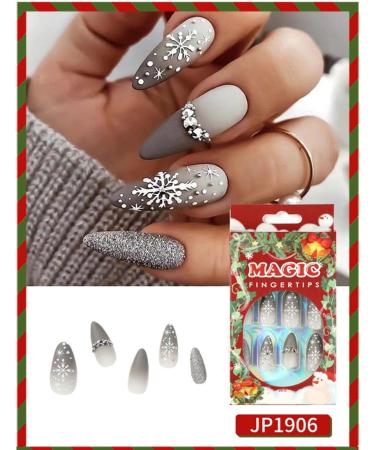 SINLOV Christmas Snowflakes Almond False Nails French Crystal Fake Nails Matte Press on Nails Ballerina Acrylic Full Cover Fake Nails for Women and Girls - Buy Online on GoSupps.com