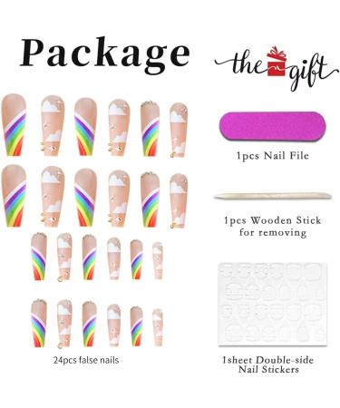 RUNRAYAY Rainbow French Long Fake Nail Press on False Nails with Charms - 24Pcs - Buy Online on GoSupps.com