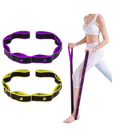 Yoga Elastic Bands Stretch Resistance Band (2 Pieces) - 8 Independent Rings Elastic Bands for Yoga, Physiotherapy, Pilates, Dance, Gymnastics, Etc Purple Yellow
