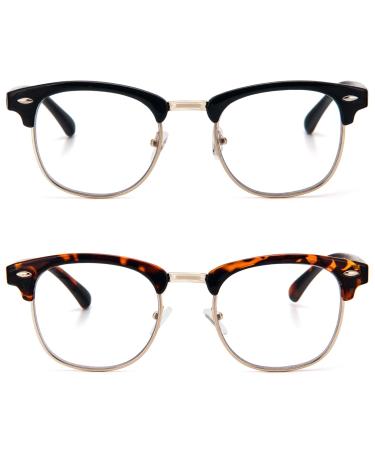 Kokobin 2 Pack retro men and women Round reading glasses with light anti-blue light computer glasses metal frame black/leopard 3.0 dioptria