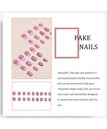 Square Short Fake Nails | Acrylic Press on Nails Rose Pink Glitter | 24 Pcs Full Cover French Tip for Women - Buy Online on GoSupps.com