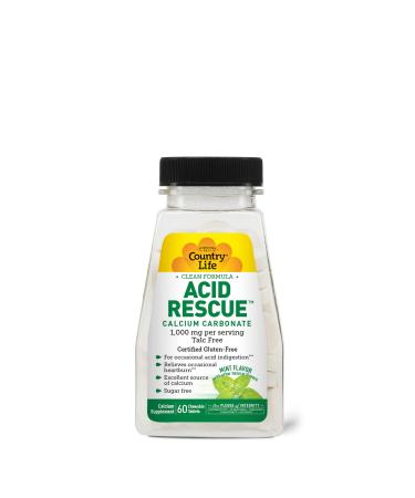 Country Life Acid Rescue Calcium Carbonate Clean Formula 1 000mg Talc Free 60 Chewable Mint Flavor Tablets Sugar-Free Certified Gluten Free Certified Vegan Non-GMO Verified Mint Flavor 60 Count (Pack of 1)