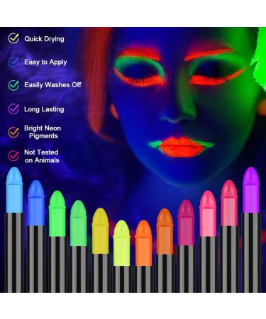 AOOWU 12-Color UV Neon Glow Face Paint Crayons Kit - Safe Non-Toxic Body and Face Makeup for Adults and Kids - Perfect for Halloween, Cosplay, Parties - Fluorescent Brightest Glow under UV Light - Buy Online on GoSupps.com
