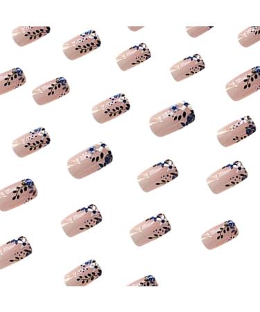 NICENEEDED Short Blue Flower Press on Nails French Floral Leaf Square Glossy Acrylic Nails Stick on Nails Spring Summer Nude Full Cover False Nails with Jelly Glue for DIY Nail - Buy Online on GoSupps.com
