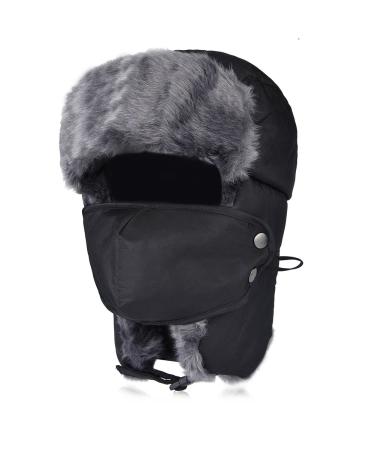 Trooper Trapper Hat Warm Winter - Thermal Fur Fleece Russian Ushanka Hats Mask Ear Flap Snow Ski Hunting Bomber Cap Men Women Black 2 One Size