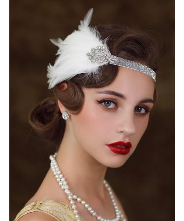 Sweetv 1920s Flapper Headband | Great Gatsby Feather Headpiece - Roaring 20s Vintage Hair Accessory in White - Buy Online on GoSupps.com
