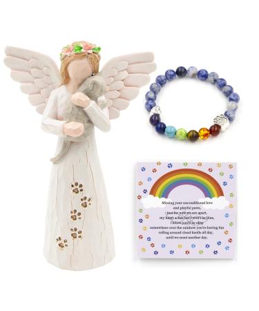 BORLESTA Cat Memorial Gifts,Pet Loss Sympathy Gifts for Cat Lovers, Cat Angel Figurines Cat Remembrance Gifts with 7 Chakra Rainbow Bridge Bracelet White