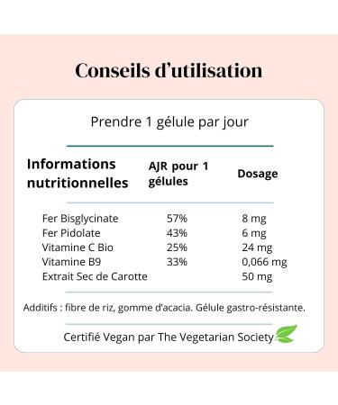 Iron Bisglycinate and Pidolate 14 mg | Organic Vitamin C B9 and Organic Carrot | High Absorption - 60 Capsules 2 Months | 10 - Buy Online on GoSupps.com