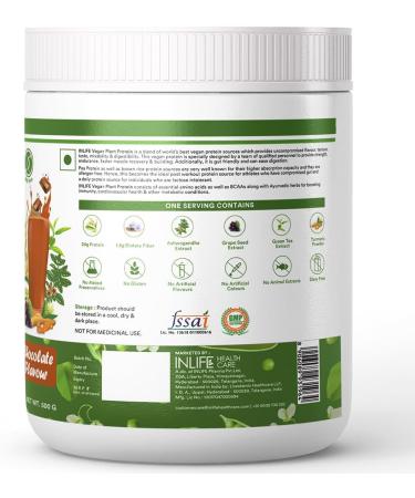 INLIFE Plant Protein Powder - 25g Protein from Pea Quinoa & Brown Rice - Chocolate Flavor with Ashwagandha Green Tea & Grape Seed Extract - 500g International Shipping - Buy Online on GoSupps.com