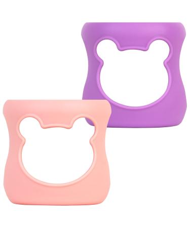 100% Silicone Baby Bottle Sleeves for Philips Avent Natural Glass Baby Bottles Premium Food Grade Silicone Bottle Cover Cute Bear Design 4oz Pink and Purple Pack of 2