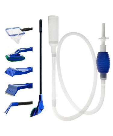 GreenJoy Aquarium Fish Tank Cleaning Kit Tools Algae Scrapers Set 5 in 1 & Fish Tank Gravel Cleaner - Siphon Vacuum for Water Changing and Sand Cleaner (Cleaner Set)