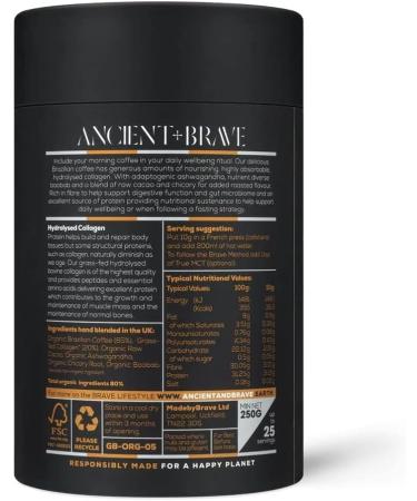 Premium Ancient + Brave Coffee + Collagen Powder 250g - Organic Brazilian Ground Coffee with Grass-Fed Collagen - Cacao, Ashwagandha & Baobab Blend - High Protein Keto | Shop Now - Buy Online on GoSupps.com
