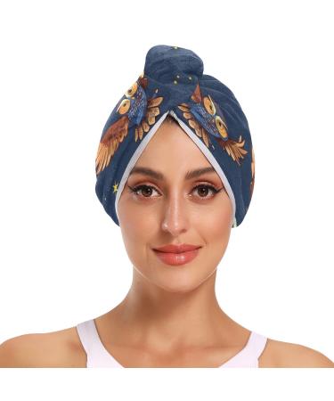 Brown Owl Hair Towel 2 Pack Super Absorbent Hair Drying Towel Quick Dry Hair Turbans Head Towel with Button Twisty Wrap for Women Girls