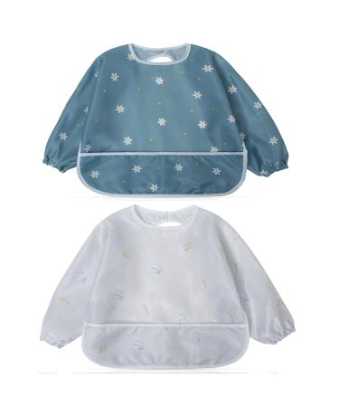 Little Dimsum Long Sleeves Toddler Weaning Bibs |Sleeved Baby Waterproof Feeding Coverall Set | Catching Food & Wipe Clean 6-36 Months (Flower Sets)