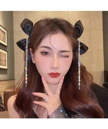 Black Rhinestone Chain Tassel Hair Clip - Korean Style Bow Barrette - Buy Online on GoSupps.com