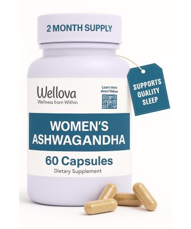 Wellova Women's Ashwagandha | Promotes Stress Relief & Mood Support | Supports Clarity & Memory | Provides Focus and Increased Energy | Superior Pure Organic Absorption | 60 Capsules