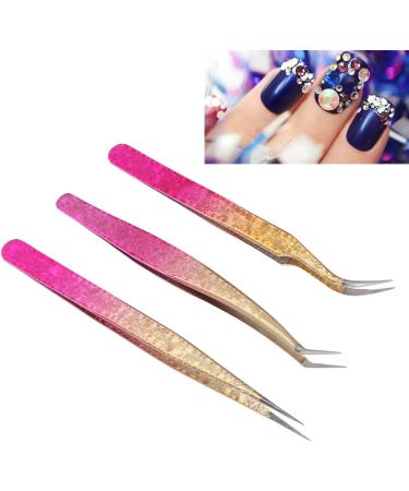 Premium Nail Strass Picking Tweezers Set - 3 Professional Nail Art Tweezers with Color Gradient Straight & Curved Stainless Steel Tips for Manicure & Rhinestones - Buy Online on GoSupps.com