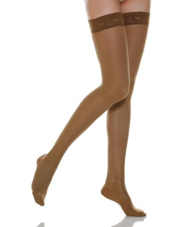 Relaxsan Microfiber 770M Compression Stockings Women 12-17 mmHg with Silicone Thigh Support Stockings 70 Den Brown L