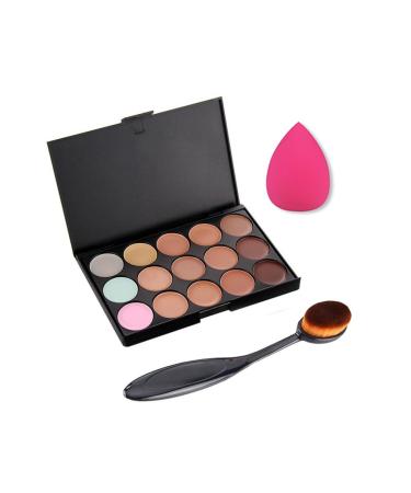 Pure Vie 1 piece oval make-up brush + 1 sponge puff + 15 colors concealer camouflage palette cover concealer makeup