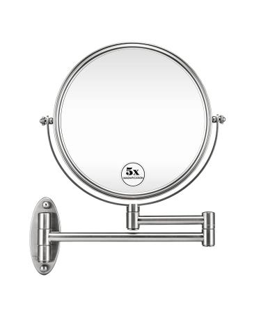 GloRiastar 5X Wall Mounted Makeup Mirror - Double Sided Magnifying Makeup Mirror for Bathroom, 8 inch Extension Polished Brushed Nickel Finished Mirror 5X Brushed Nickel