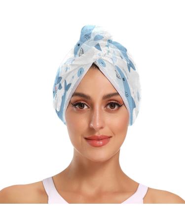 Pink Blue Sea Sharks Hair Towel 2 Pack Super Absorbent Hair Drying Towel Quick Dry Hair Turbans Head Towel with Button Twisty Wrap for Women Girls