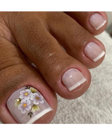 French Tip Press on Toenails Short Square Fake Toe Nails  Glossy False Toenails with Flowers Design Spring Summer Full Cover Acrylic Toenails Stick on Toenails for Women 24Pcs Flower 2