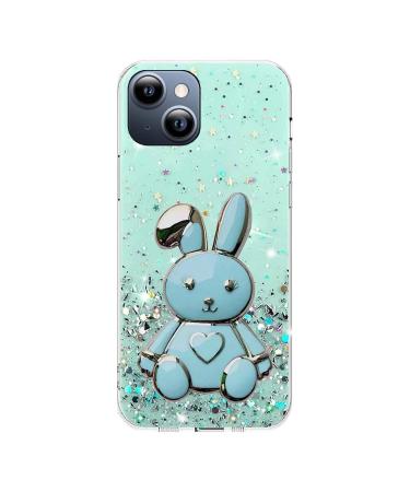 Miagon Rabbit Glitter Stand Case for iPhone 15 Bling Transparent Soft TPU Protective Slim Shockproof Cover with Heart Bunny Holder Kickstand iPhone 15 Green