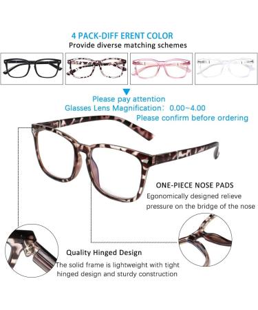 Henotin Blue Light Blocking Reading Glasses - 4-Pack Anti UV Square Nerd Eyeglasses for Men & Women - Spring Hinge 1.25 Diopters - Mixed Colors - Buy Online on GoSupps.com