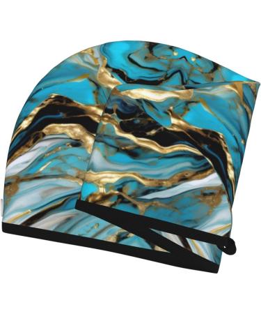 Turquoise Blue Gold Marble Velvet Hair Cap - Quick-Dry Hair Towel Wrap for Men & Women | Travel & Home Use - Buy Online on GoSupps.com
