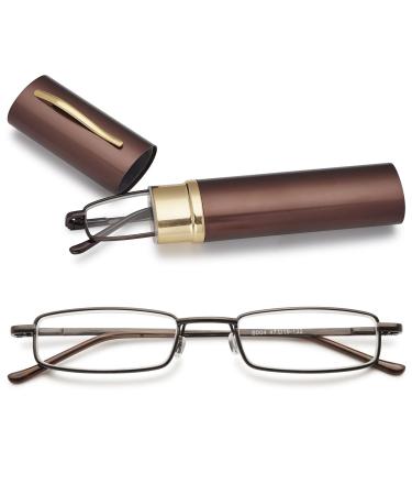 Magimodac men women reading glasses anti blue light glasses with prescription blue light filter metal reading aid narrow reading glasses with pensui brown 2.0 dioptries