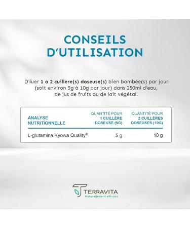 Kyowa Bio-Fermented L-Glutamine | 100% Pure Powder in Neutral Flavor | 150g | Muscle Recovery and Intestinal Health | 30 Servings | Vegan Amino Acid and No Excipients | Made in France Terravita - Buy Online on GoSupps.com