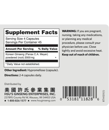 Hsu's SKU 1511 | Korean Ginseng Capsules 180 ct | Cultivated Wisconsin Korean Ginseng Direct from Ginseng Gardens | 180 | 500 mg 180 ct Capsules Bottle - Buy Online on GoSupps.com