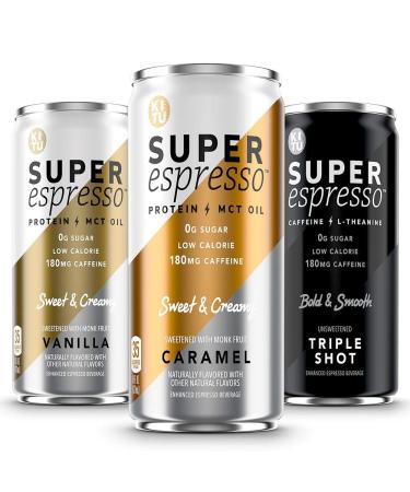 KITU SUPER espresso, Iced Keto Coffee Cans (0g Added Sugar, 5g Protein, 35 Calories) Variety Pack 6 Fl Oz, 12 Pack | Iced Coffee, Canned Coffee - From the SUPER COFFEE Family Vanilla, Caramel, Triple Shot 6 Fl Oz (Pack of 12)