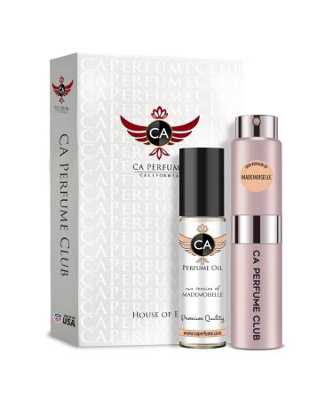CA Perfume Duo Impression of Mademoiselle For Women Eau de Parfum Refillable Atomizer Sprayer + Fragrance Body Oil Travel Size Roll-On 0.27 Fl Oz+0.33 Fl Oz
