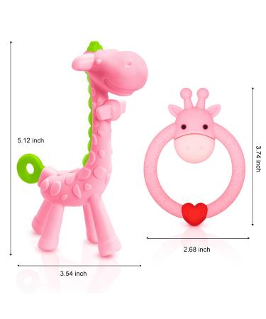 SHARE&CARE BPA Free Silicone Giraffe Baby Teether Toy Set - Pain Relief for Infant Sore Gums, 2 Teething Toys with Storage Case for Baby Shower Gift (Pink) - Buy Online on GoSupps.com