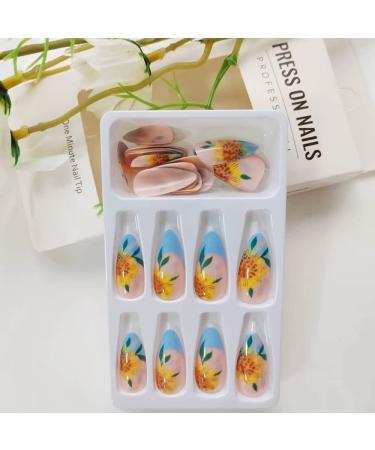 24 Pcs Sunflower Almond Press on Nails | Medium Fake Oval Acrylic False Nails for Women/Girl | Summer Stick on Glue Nails - Buy Online on GoSupps.com