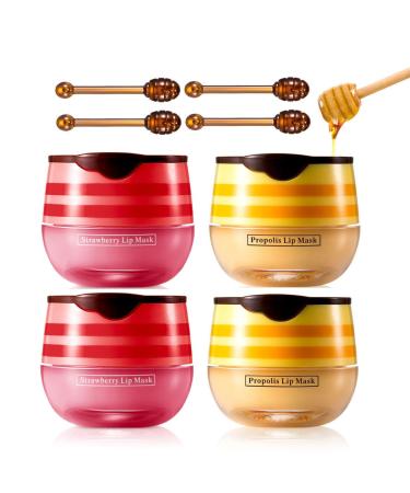 4 Pcs Bee Lip Balm Honey Pot Honey & Strawberry Lip Mask Propolis Moisturizing Lip Balm. (2Pcs Honey &2Pcs Strawberry)