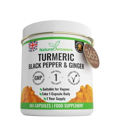 365 Turmeric Black Pepper & Ginger Capsules - High Strength Turmeric 365 Vegetarian Capsules (1 Year Supply) Vegetarian Supplement Made in The UK by Natural Answers - Buy Online on GoSupps.com