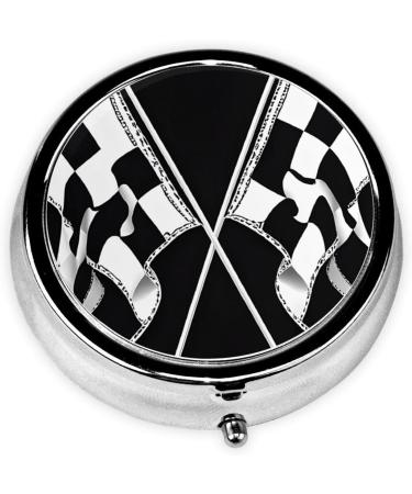 Black & White Checkered Flag Mini Round Pill Box | 3 Compartment Pill Organizer | Travel-Friendly Medicine Case for Home & Office - Buy Online on GoSupps.com