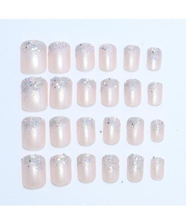 Buy 24pcs Glitter Powder Press on Nails - Short Square False Nails with Silver White French Tip - Full Cover Acrylic Nails for Women & Girls - Buy Online on GoSupps.com