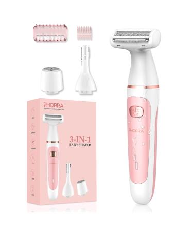 PHORRA Electric Razors for Women, 3 in 1 Hair Removal for Women, Shaver & Bikini Trimmer, Facial Hair Remover for Eyebrow, Face, Legs, Underarm, Pubic Hairs, Wet Dry Use IPX7 Waterproof