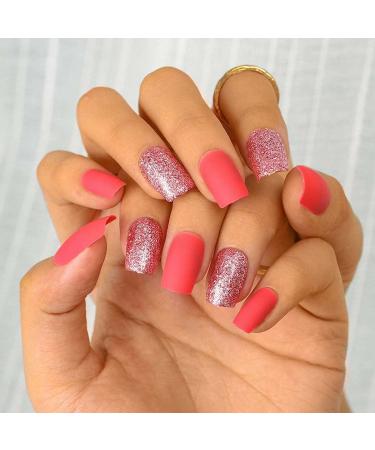 Sethexy Pink Square Fake Nails | Matte Acrylic Press-On Nail Tips for Women & Girls - 24pcs - Buy Online on GoSupps.com