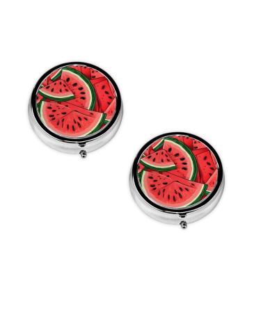 (Red Watermelon) Round Pill Box 3 Compartment Pill Box Mini Decorative Pocket Purse Portable Travel Medicine Tablet Vitamin Holder Organizer Pill Case