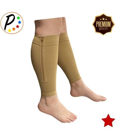 Shin Premium 20-30 mmHg Compression Calf Sleeve with Zipper - Beige 5X-Large | International Shipping Available - Buy Online on GoSupps.com