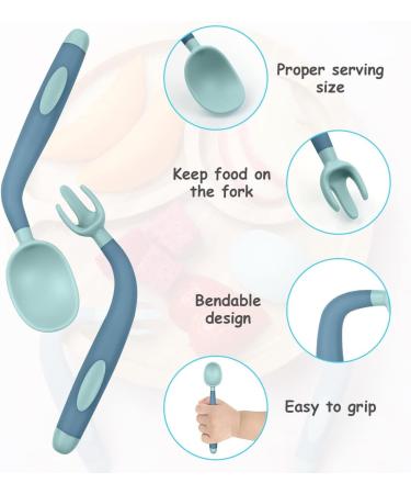 Vicloon Baby Utensils Spoon Fork Set - 4pcs Toddler Cutlery Feeding Set | Easy Grip Bendable Self Feeding Spoon Fork | Light Green-Blue Color - Buy Online on GoSupps.com