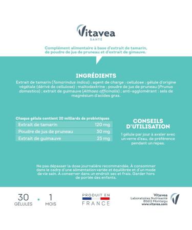 Ultradigest Transit - Natural Intestinal Transit Food Supplement - Made in France - Tamarind Marshmallow Plum - Facilitates Digestion - 30 Vegetable Capsules - 1 Month - Made in France Vitavea - Buy Online on GoSupps.com