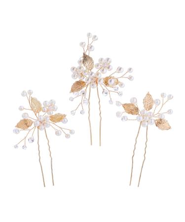 3 pieces bride hair jewelry gold pearls bride wedding hair pins headdress wedding hair clip leaves bride tiara flower hair accessories hair clips for brides bridal